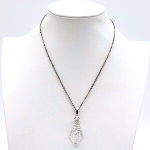 Vintage Whiting & Davis Etched Lucite Pendant Necklace Floral Vine Fleur de Lis